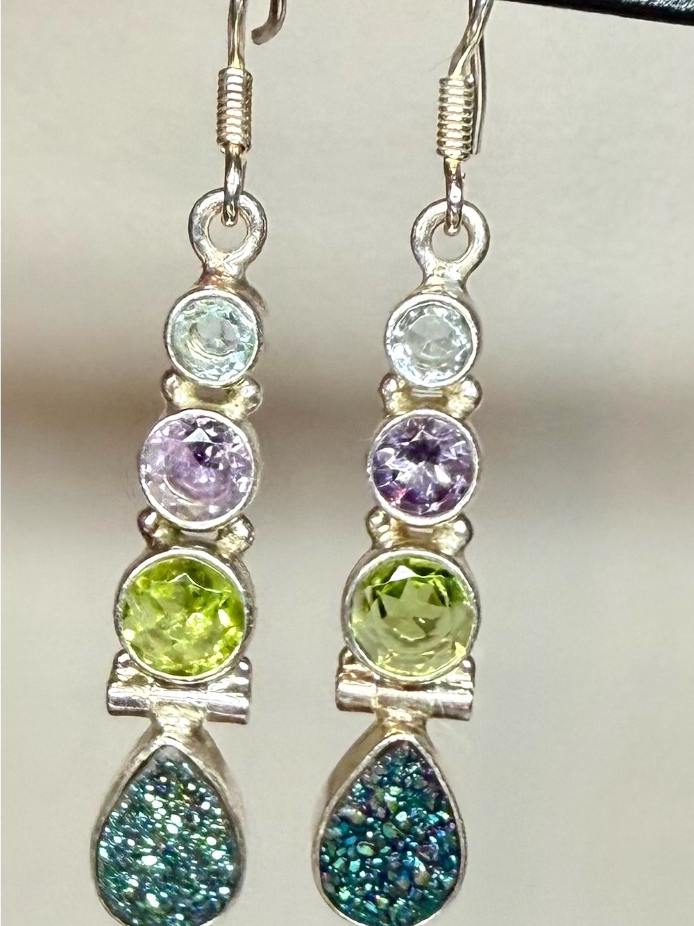Sterling Silver Multi-Gem and Druzy Quartz Drop Earrings in Green, Purple, Blue